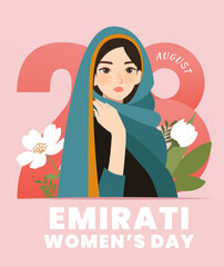 Emirates Women's Day Design with Female with Hijab Vector Illustration. Emirati Womens Day Template Suitable for Poster Banner Flyer Background. UAE Women's Day August.