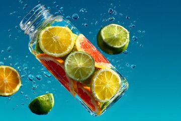Clear glass water bottle infused with fresh lemon, lime, and orange slices, lying on a bright cerulean blue background under bright, hard sunlight.