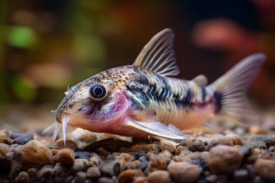 A detailed macro shot of a corydoras catfish resting at the bottom of an aquarium, copy space