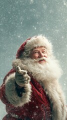 Obraz premium Santa Claus Pointing at Blank Sign in Snowy Christmas Scene