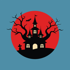 Spooky Haunted House Silhouette on Red Moon Background