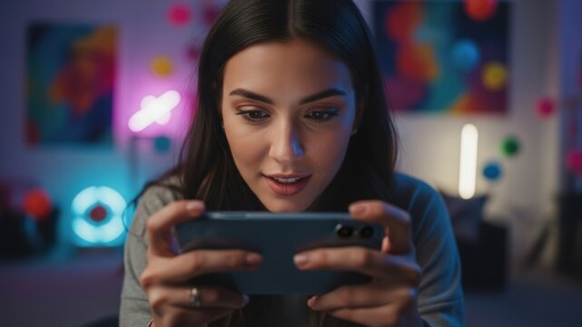 Young woman immersed in gaming on her smartphone in a colorful, vibrant setting. - Powered by Adobe