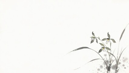 Chinese Ink Orchid: Dark Gray Flying-White Brushstrokes with Extreme Asymmetry on Xuan Paper Texture