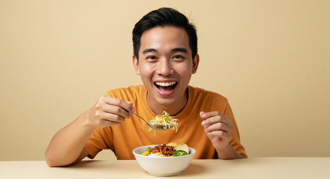 Happy Young Asian Man Eating Healthy Bowl of Rice Porridge