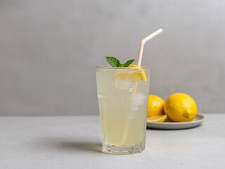 Fototapeta premium A glass of fresh lemonade with ice, a straw, and a mint garnish. A classic, refreshing non-alcoholic summer drink.