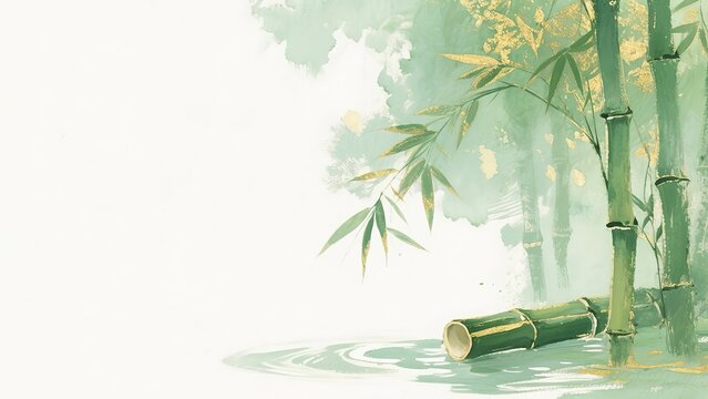 Gold-Accented Ink Bamboo Forest: Floating Stalks on Rippled Water with Vast Green Gradient Background