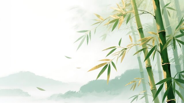 Gold-Edged Bamboo Forest: Falling Leaves with Misty Mountains in Asymmetrical Xuan Paper Composition