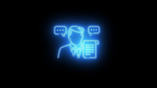 Neon glowing animation of man with document and chat bubble representing corporate communication and office conversation