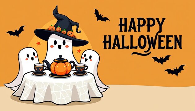Happy halloween greeting with cute ghosts wearing a witch hat and drinking tea around a table with pumpkins, surrounded by bats, perfect for holiday invitations and decorations