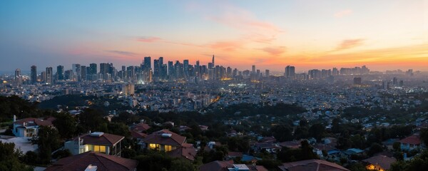 Panoramic view of sprawling urban landscape at sunset. Modern skyscrapers dominate city skyline, blending residential, commercial districts. Infrastructure development, real estate growth visible.