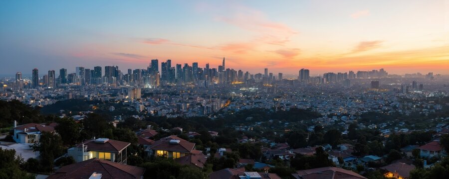 Panoramic view of sprawling urban landscape at sunset. Modern skyscrapers dominate city skyline, blending residential, commercial districts. Infrastructure development, real estate growth visible. - Powered by Adobe
