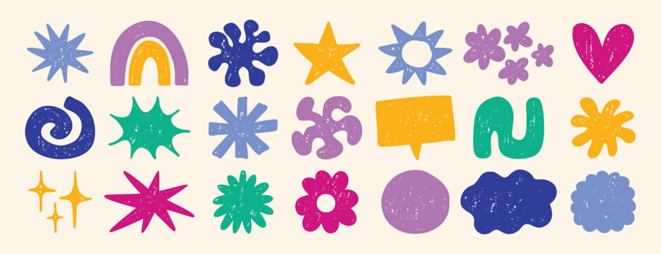 Funky cute shapes and figures crayon texture set. Brutal contemporary colorful retro star figures, flower, sun. Hand drawn primitive geometric elements.