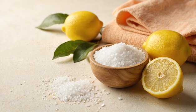 Wooden bowl with salt on gray countertop. Vibrant yellow lemon to right, green lemon wedge to left. Simple, natural scene. Light gray background neutralizes colors. Fresh, natural ingredients.