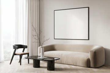 Modern minimalist living room interior: beige sofa, black chair, marble coffee table, blank canvas.