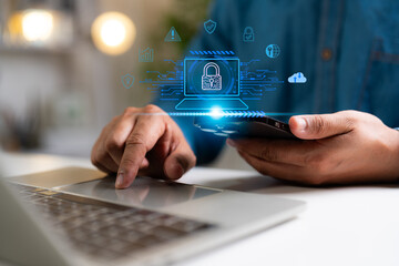 Businessman protecting with Padlock and internet technology data personal information, security encryption, cybersecurity, secure Internet access. Cyber security internet network data privacy concepts