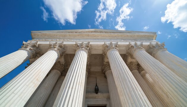 Majestic marble columns of U. S. Supreme Court building in Washington DC at dusk. Ionic architecture with grand facades, impressive steps under dramatic sky with glowing clouds. Symbol of justice,