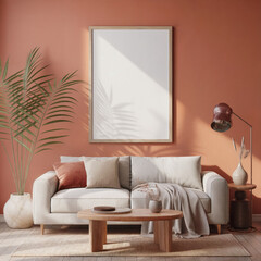 Modern minimalist living room interior with terracotta walls, neutral sofa, and blank poster mockup.