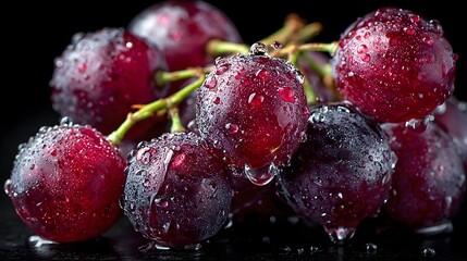 Dramatic, high-contrast macro photo of luscious black grapes with glistening water droplets, set on a sleek, black reflective surface in the dark.