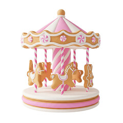 Obraz premium Gingerbread Carousel with Candy Animals and Pink White Decorations on White Background