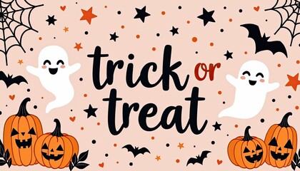 Happy halloween trick or treat with cute ghosts, pumpkins, and bats on a festive background with stars and spiderwebs, perfect for holiday decorations and party invitations