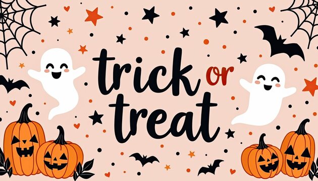 Happy halloween trick or treat with cute ghosts, pumpkins, and bats on a festive background with stars and spiderwebs, perfect for holiday decorations and party invitations