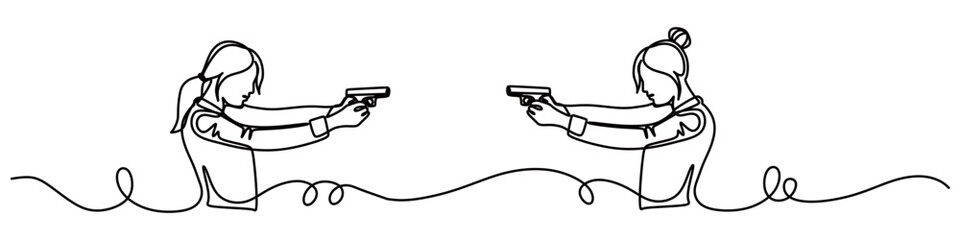 continuous line art of two women aiming shots at each other with a pistol. concept of war and shooting