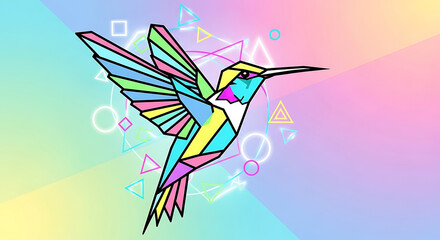 Colorful geometric hummingbird illustration with pastel background and neon shapes