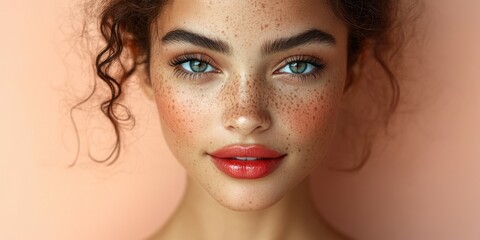 Freckled woman with curly hair and red lips