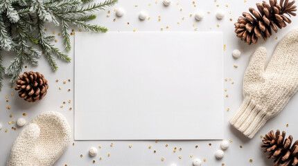 Winter holiday flatlay with pinecones, knitted mittens and frosted fir branches, blank paper card mockup with copy space for text