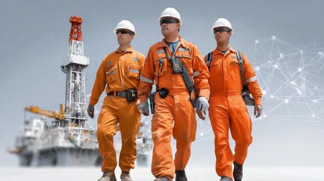 Engineers on the job: The image portrays three engineers confidently striding forward against the backdrop of a industrial platform, signifying expertise and collaboration.