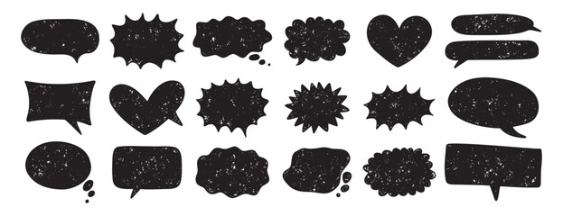 speech bubbles in various shapes set. Crayon grunge texture communication frames. Textbox cloud, chat text boxes 