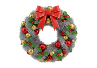 Christmas Wreath with Silver Tinsel Red and Gold Baubles and Holly Leaves on White Background