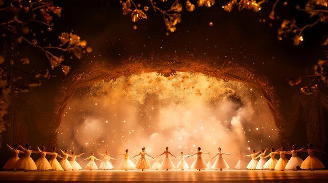 Enchanting ballet performance with golden stage lighting and dancers