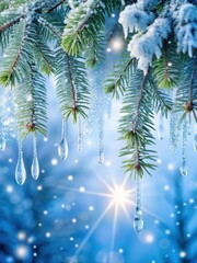 Obraz premium Frosty fir branches with snowflakes and icicles covered in sparkling frost