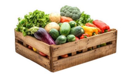 Variety of fresh vegetables in a wooden crate isolated on transparent background