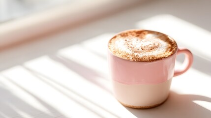 A delicate pink ceramic mug filled with a latte, showcasing a beautiful latte art design, sits on a white surface bathed in soft sunlight.