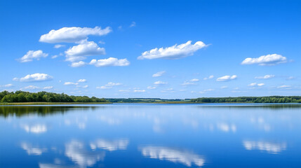 Tranquil lake scene with bright blue sky, drifting clouds, and forest greenery reflected on the water&rsquo;s smooth surface.