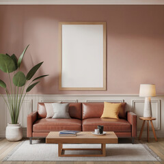 Modern Living Room Interior: Blush Walls, Leather Sofa, Wooden Coffee Table, and Blank Canvas