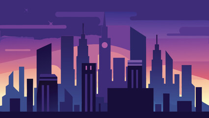 Fototapeta premium Modern City Skyline At Dusk With Purple Hues And Geometric Buildings cityscape urban transparency background