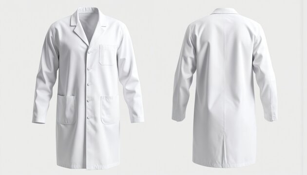 Realistic white doctor coat mock-up shown front, back on transparent background. Medical uniform, clean lab costume for physicians, surgeons, nurses. Essential protective clothing for medical