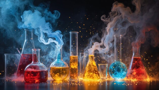 Colorful science experiment with lab glassware, emitting smoke, sparks. Flasks, beakers contain vibrant liquids, indicating dynamic chemical reaction discovery. Illustration perfect for education,
