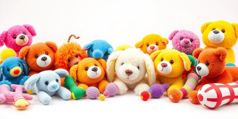 Fototapeta premium Colorful assortment of pet toys isolated on white, rope toy, catnip toy