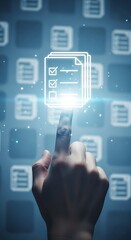 Finger touching glowing digital file icon in a futuristic data grid