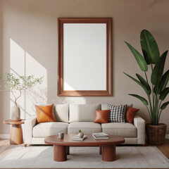 Modern Beige Living Room Mockup:  Neutral Tones, Wooden Accents, and Sunlit Atmosphere.