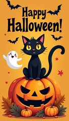 Happy halloween a black cat sits on a carved pumpkin with a friendly ghost and bats flying around, set against an orange background with autumn leaves, perfect for holiday greetings and decorations