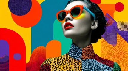 A woman wearing a colorful outfit and sunglasses is the main focus of the image. The background features a variety of shapes and colors, creating a vibrant and eclectic atmosphere