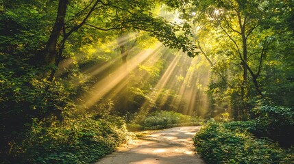 Obraz premium Sunlight streams through lush greenery, illuminating a forest path with golden rays, creating a serene and vibrant atmosphere.