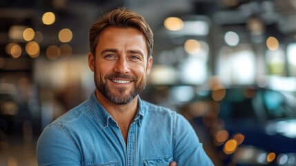 Happy Man Smiling in a Car Showroom