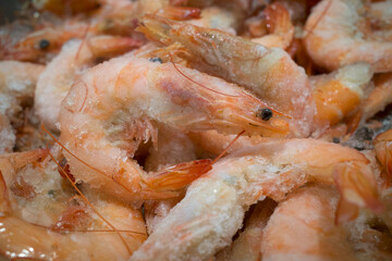 Frozen shrimp, Littopenaeus vannamei, on the ice in the supermarket in Yogyakarta, Indonesia