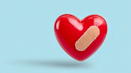 Obraz premium A heart with a bandage on it. The heart is red and the bandage is white. The heart is broken and the bandage is covering the wound. Concept of sadness and pain